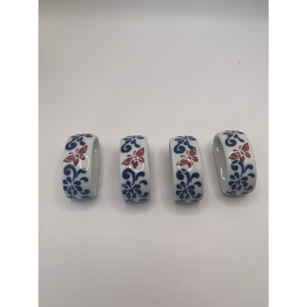 Vintage Pier One Ceramic  napkin Rings Set of 4 Blue White Floral  Butterfly